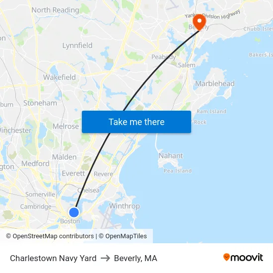 Charlestown Navy Yard to Beverly, MA map
