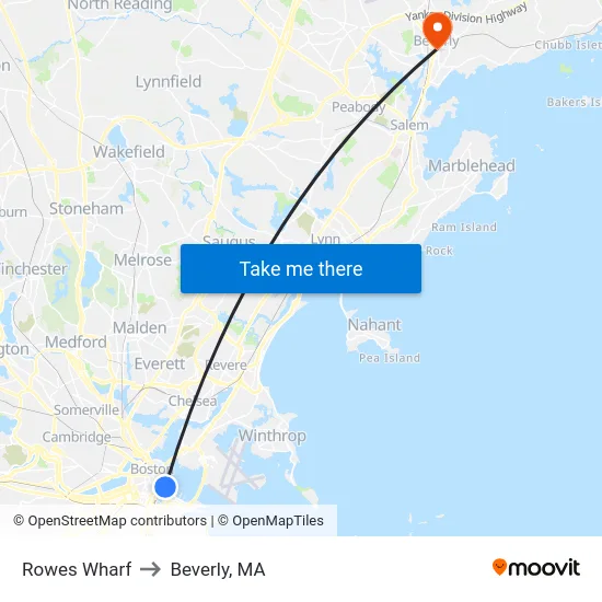 Rowes Wharf to Beverly, MA map