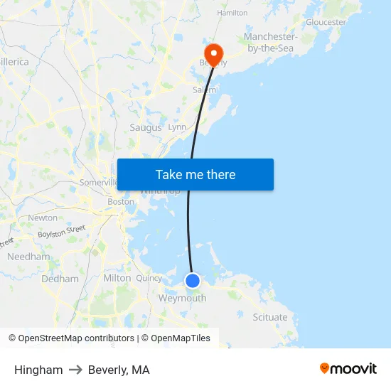 Hingham to Beverly, MA map