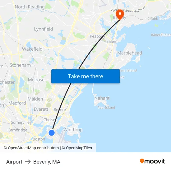 Airport to Beverly, MA map