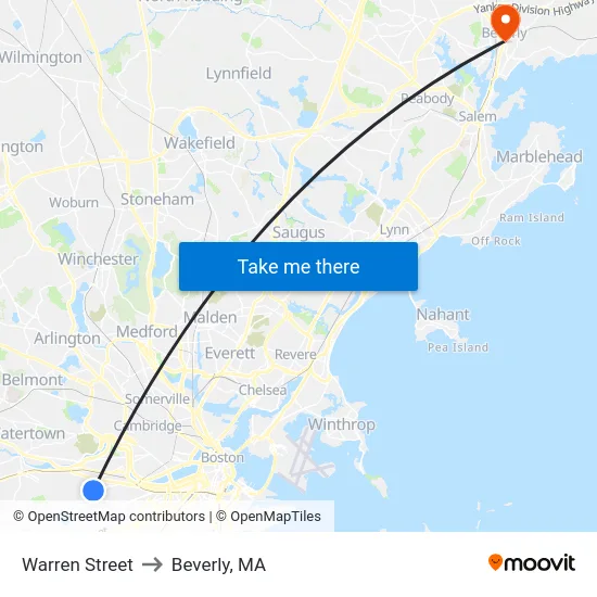 Warren Street to Beverly, MA map
