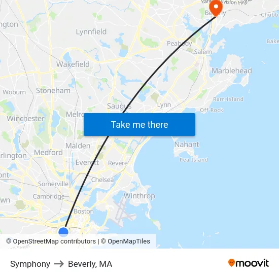 Symphony to Beverly, MA map