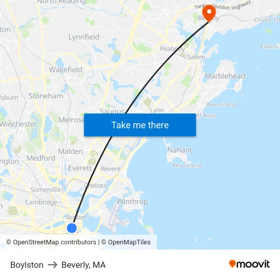 Boylston to Beverly, MA map
