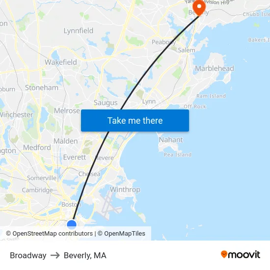 Broadway to Beverly, MA map