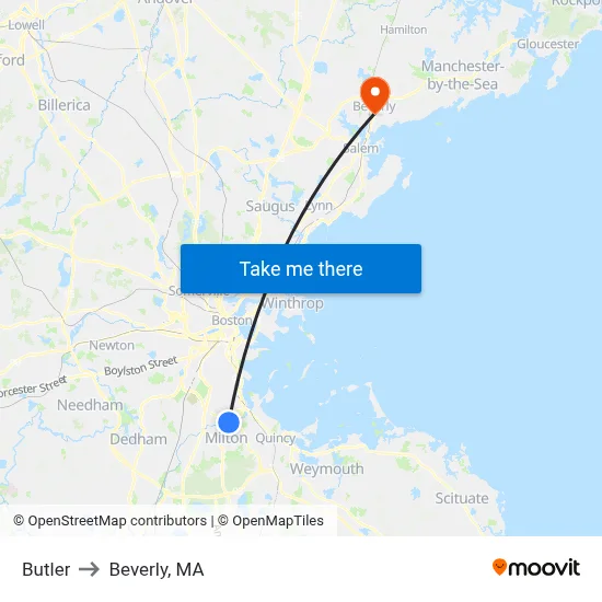 Butler to Beverly, MA map