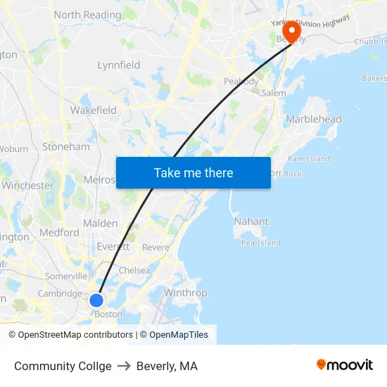 Community Collge to Beverly, MA map