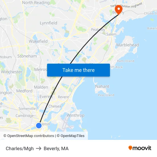 Charles/Mgh to Beverly, MA map
