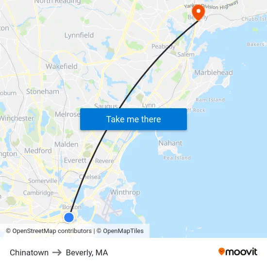 Chinatown to Beverly, MA map
