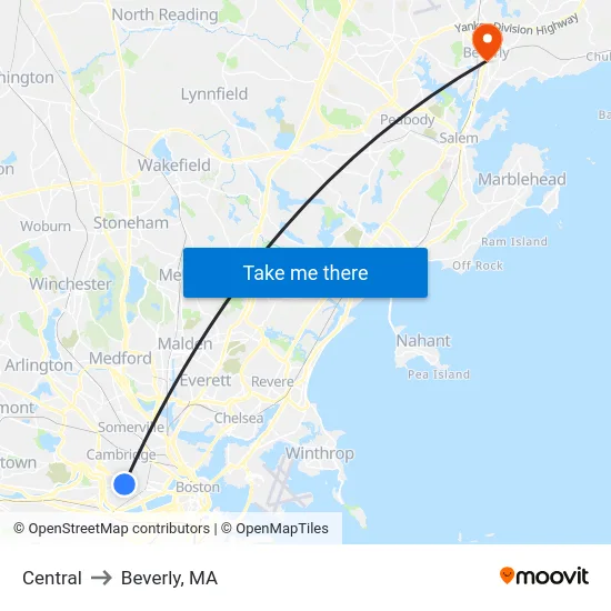 Central to Beverly, MA map