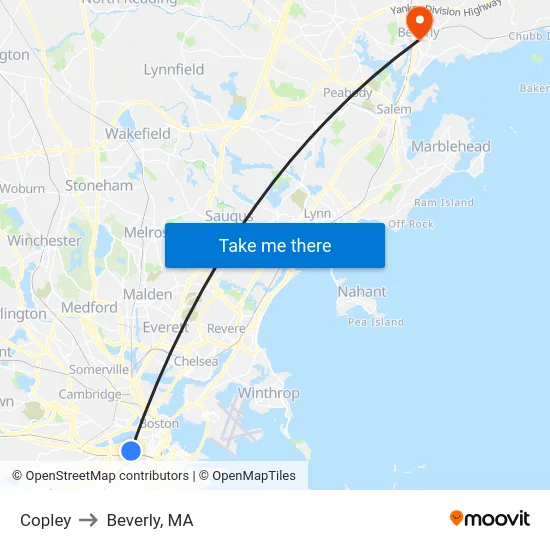 Copley to Beverly, MA map