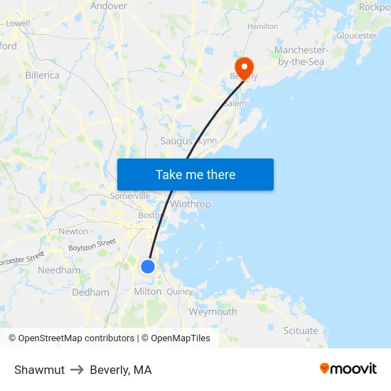 Shawmut to Beverly, MA map