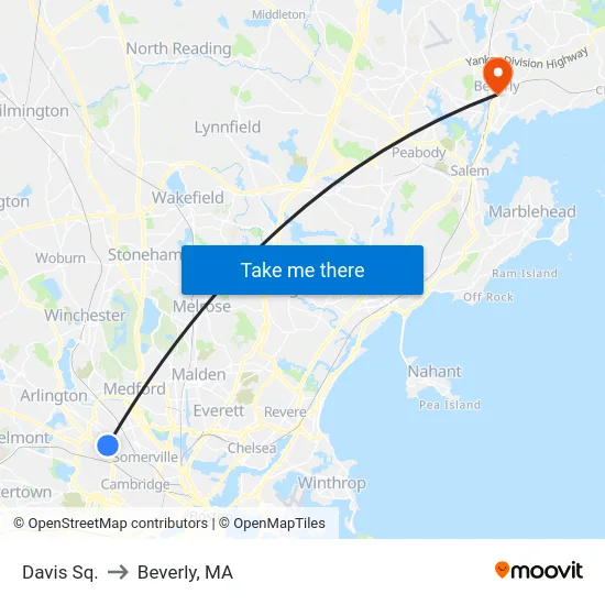 Davis Sq. to Beverly, MA map