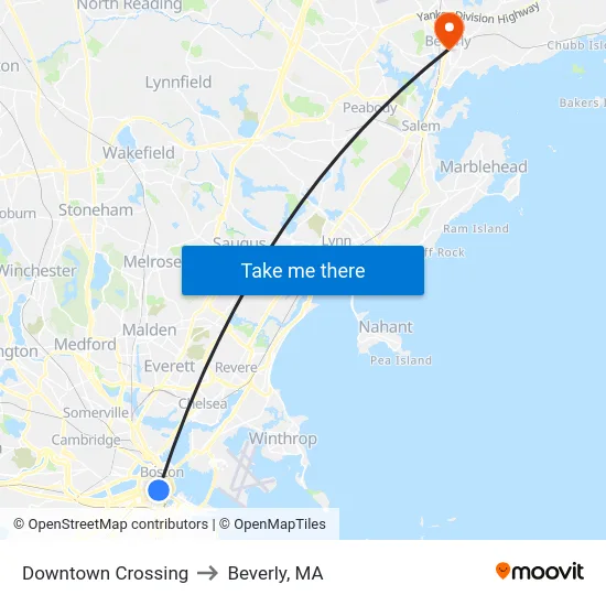 Downtown Crossing to Beverly, MA map