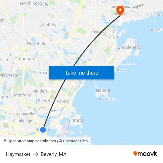 Haymarket to Beverly, MA map