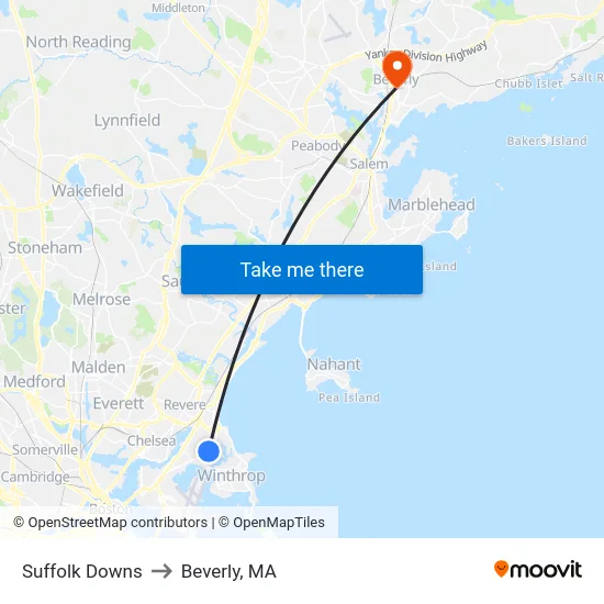 Suffolk Downs to Beverly, MA map