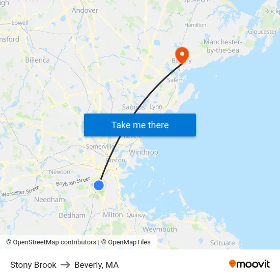 Stony Brook to Beverly, MA map
