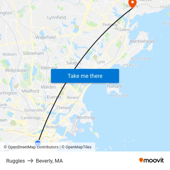 Ruggles to Beverly, MA map