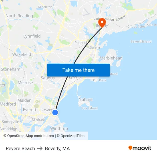 Revere Beach to Beverly, MA map