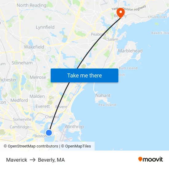Maverick to Beverly, MA map