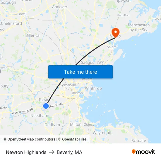 Newton Highlands to Beverly, MA map