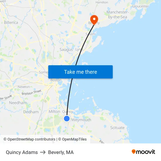 Quincy Adams to Beverly, MA map