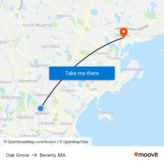 Oak Grove to Beverly, MA map