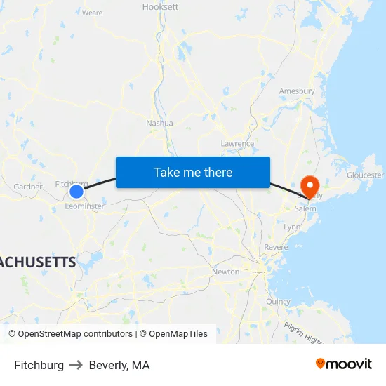 Fitchburg to Beverly, MA map