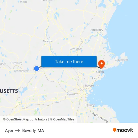 Ayer to Beverly, MA map
