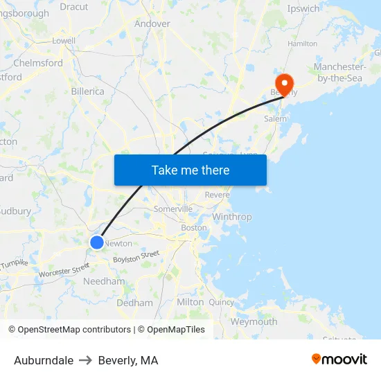Auburndale to Beverly, MA map