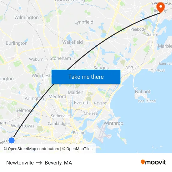 Newtonville to Beverly, MA map
