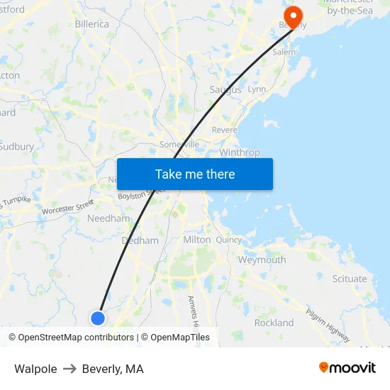 Walpole to Beverly, MA map