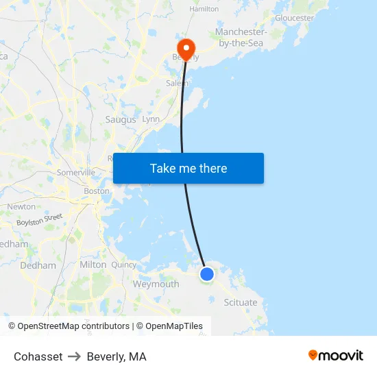Cohasset to Beverly, MA map