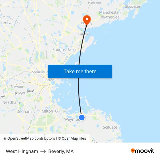 West Hingham to Beverly, MA map