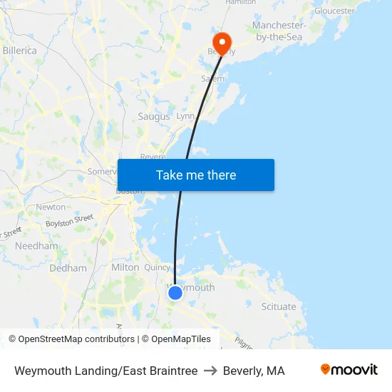 Weymouth Landing/East Braintree to Beverly, MA map