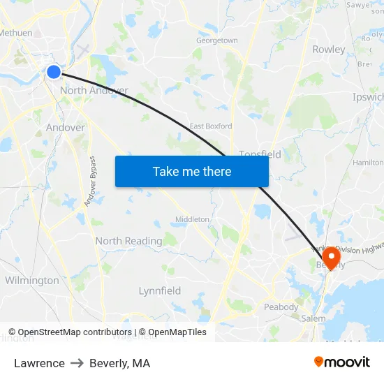 Lawrence to Beverly, MA map