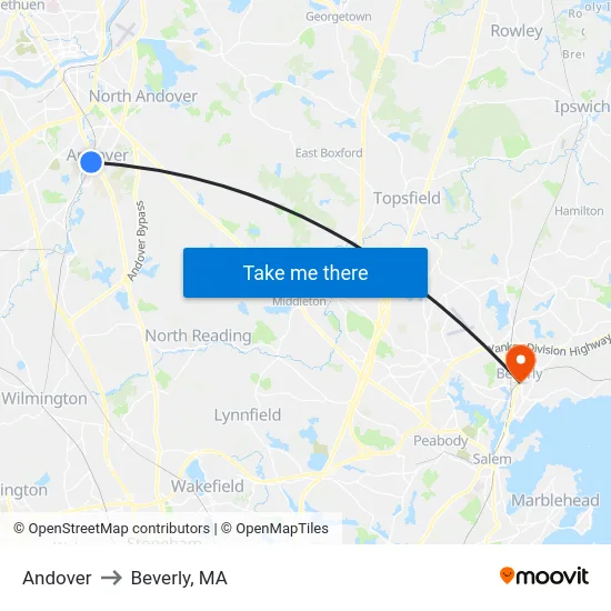 Andover to Beverly, MA map