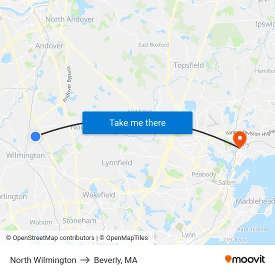 North Wilmington to Beverly, MA map