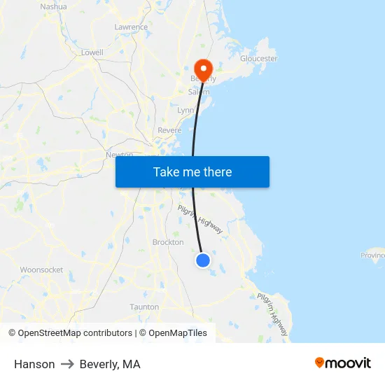 Hanson to Beverly, MA map