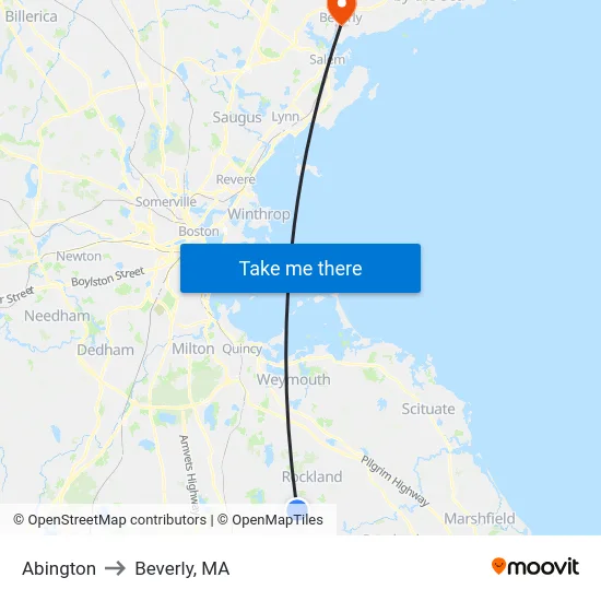 Abington to Beverly, MA map
