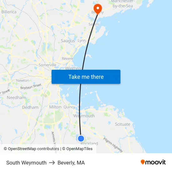 South Weymouth to Beverly, MA map