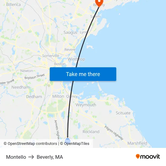 Montello to Beverly, MA map