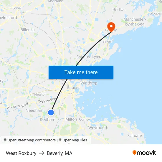 West Roxbury to Beverly, MA map