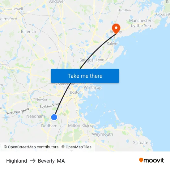 Highland to Beverly, MA map