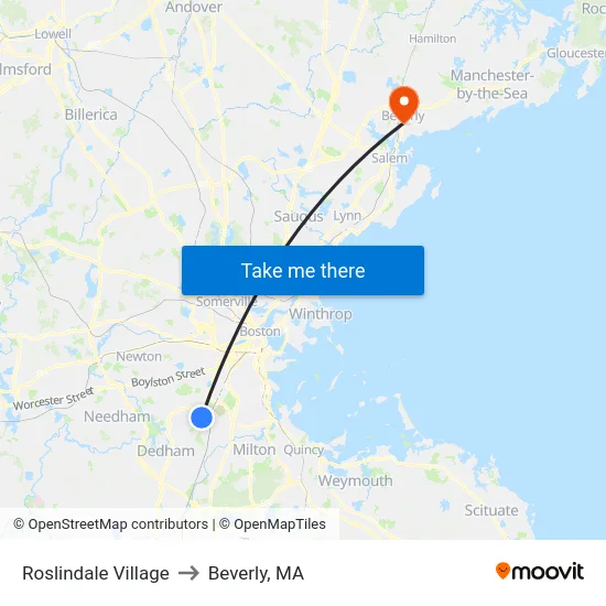 Roslindale Village to Beverly, MA map