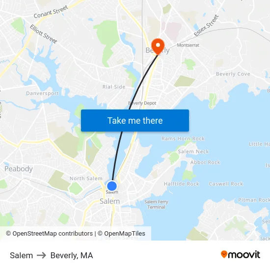 Salem to Beverly, MA map