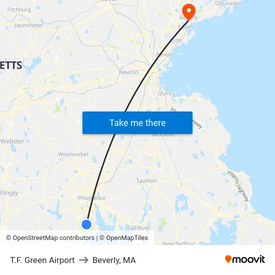 T.F. Green Airport to Beverly, MA map