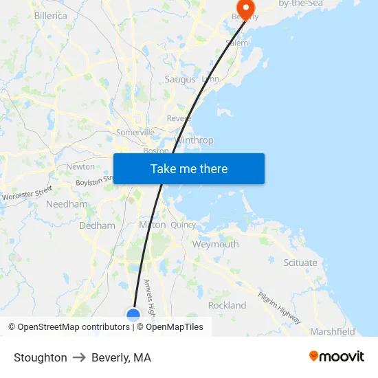 Stoughton to Beverly, MA map