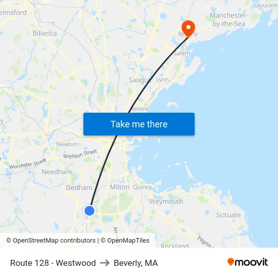 Route 128 - Westwood to Beverly, MA map