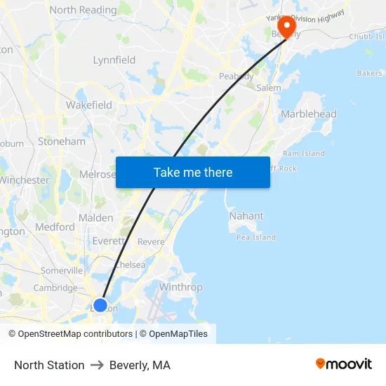 North Station to Beverly, MA map