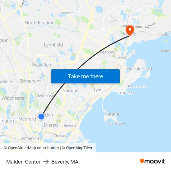 Malden Center to Beverly, MA map